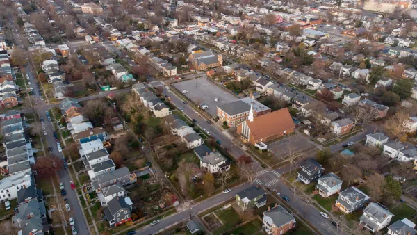 Aerial view of church and houses in Richmond, Virginia.