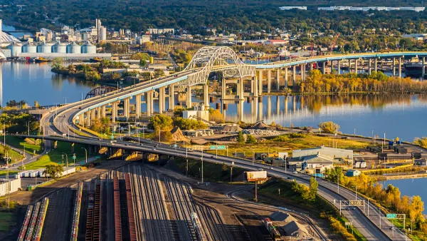 Aerial view of John A. Blatnik Bridge and freight yard in Duluth, Minnesota.