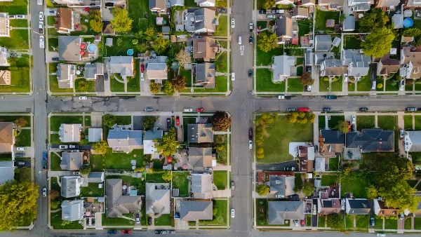 Scenic seasonal landscape from above aerial view of a small town in countryside Cleveland, Ohio.