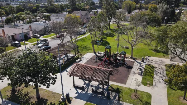 Aerial view of park playground in West Los Angeles, California.