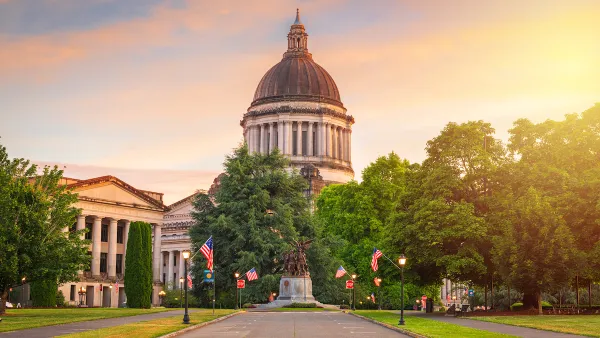 View of Washington state capitol dome in Olympia, Washington at golden hour.