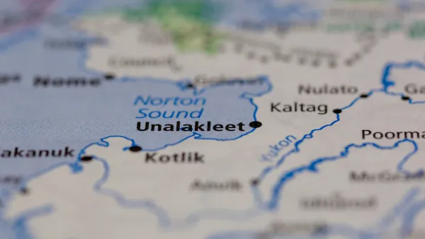 Close-up of Unalakleet, Alaska on map.
