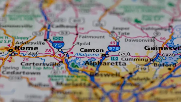Close-up of map with Canton, Georgia.