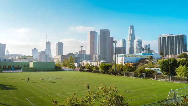 Green grass soccer field with Los Angeles skyline in background.