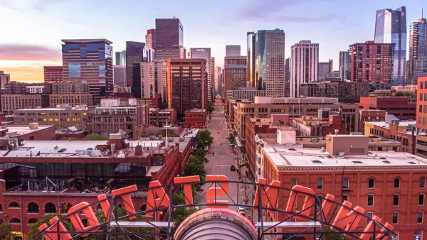 Downtown Denver as seen from behind Union Station roof sign.