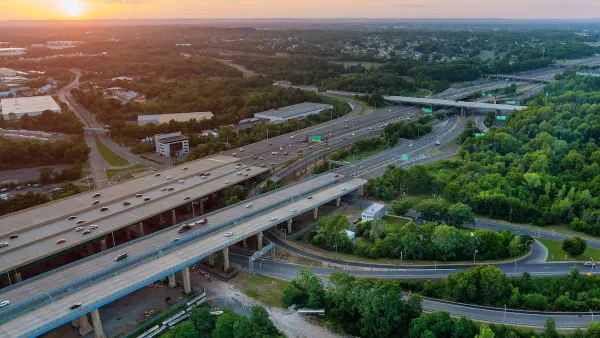 Aerial view of elevated freeways in New Jersey at dusk.