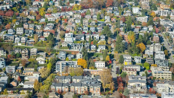 Aerial view of Tacoma, Washington residential neighborhood with mature trees.