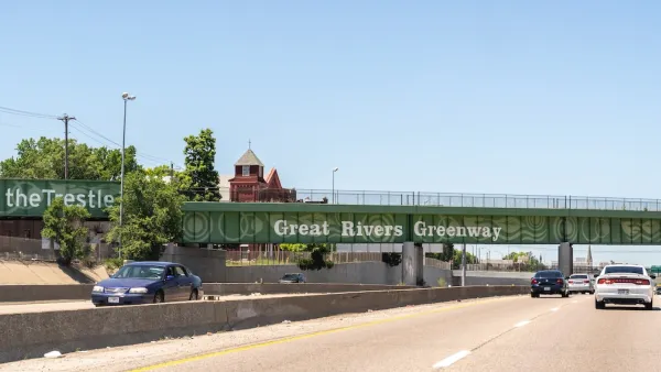 Great Rivers Greenway bike trail bridge over highway in St. Louis, Missouri.