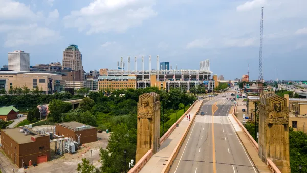Aerial view of Cleveland bridge with art deco 'Cleveland Guardians' statues