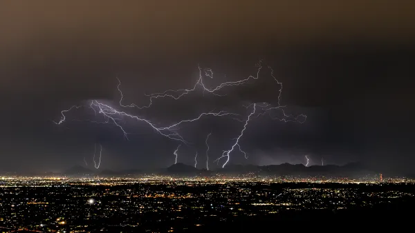 Lightning strikes over Tucson, Arizona at night during monsoon storm