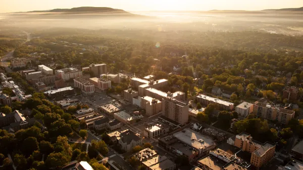 Aerial view of State College, Pennsylvania at golden hour.