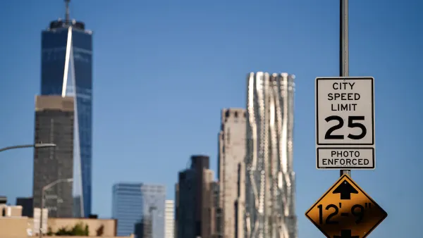 Black and white "City speed limit 25 mph" sign in New York City with One World Trade Center building in distant background.