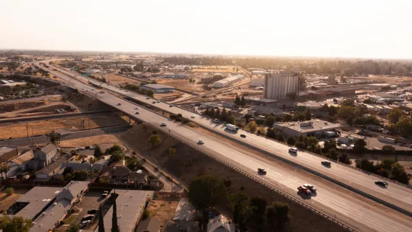 Aerial view of freeway and Fresno, California.