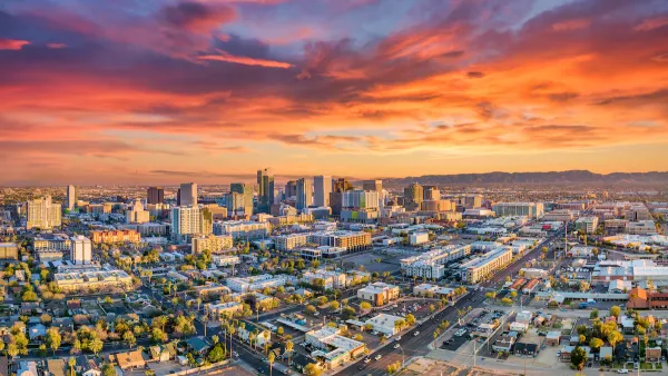 Aerial view of downtown Phoenix, Arizona at sunset.