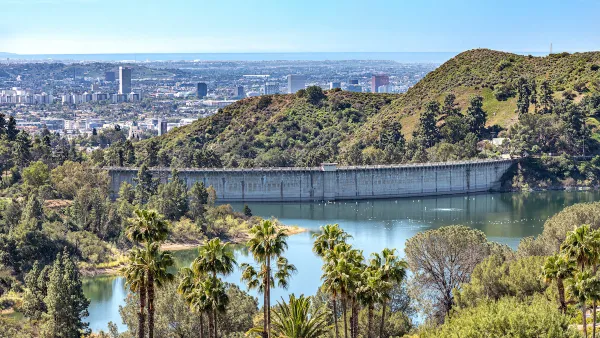 View of Hollywood Reservoir with palm trees in foreground and Los Angeles neighobrhoods in background.