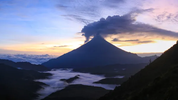 Aerial view of the Sangay volcano in Ecuador at sunrise or sunset.
