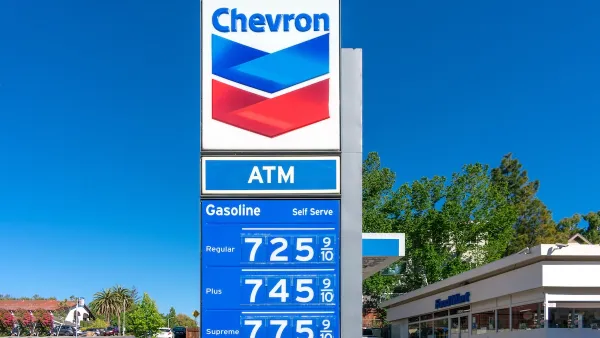 Close-up of Chevron gas station sign with logo and prices starting at $7.25.