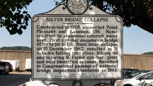 Historical plaque describing the Silver Bridge collapse in Point Pleasant, West Virginia.