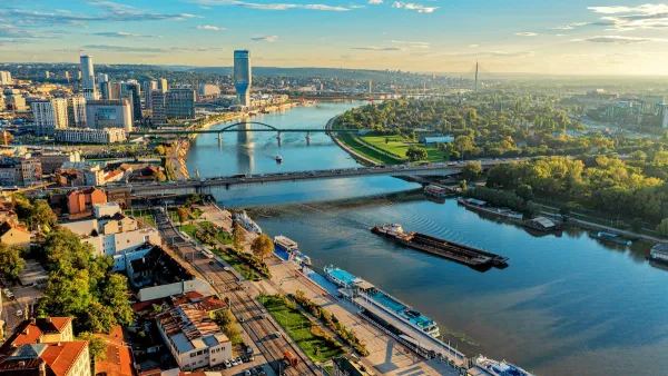 Aerial view of the Danube River in Belgrade, Serbia.