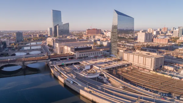 Aerial view of 30th Street Station with train tracks and buildings in Philadelphia, Pennsylvania