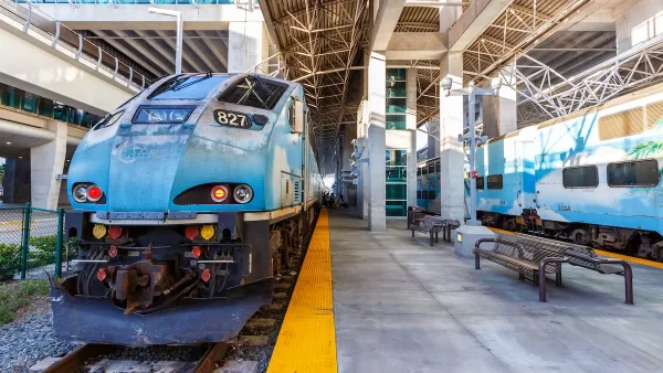 Blue Tri-Rail train at station at Miami International Airport in Miami, Florida.
