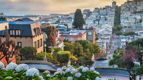 View of San Francisco neighborhood from top of hill with misty bay in background.