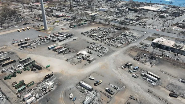Aerial view of wildfire damage in Lahaina, Maui.