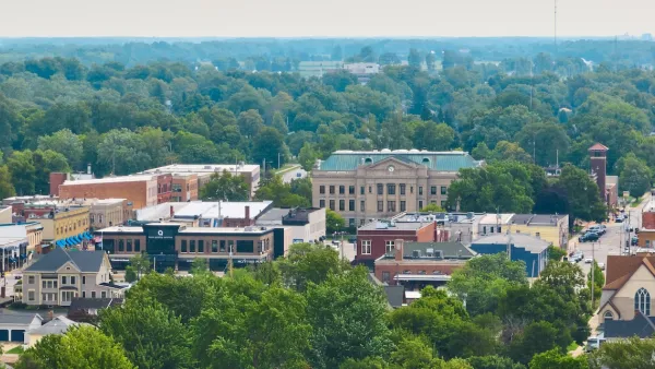 Aerial view of DeKalb County Courthouse and surrounding area in Auburn, Georgia.