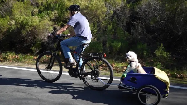 Older man riding e-bike with cargo trailer with small white fluffy dog looking at camera on paved bike trail.