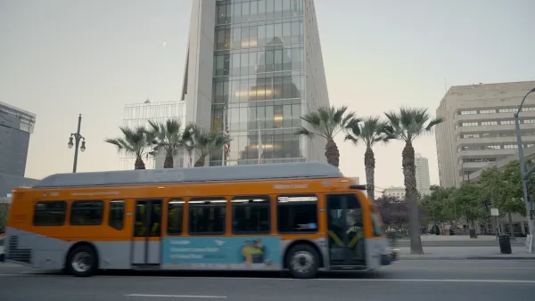 Los Angeles transit bus passing in front of LAPD headquarters in downtown Los Angeles.
