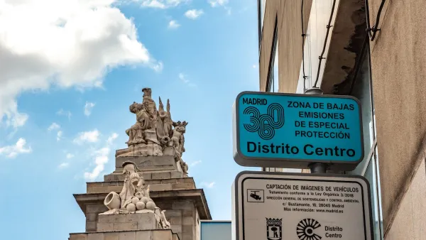 Sign for low emissions zone in downtown Madrid, Spain.