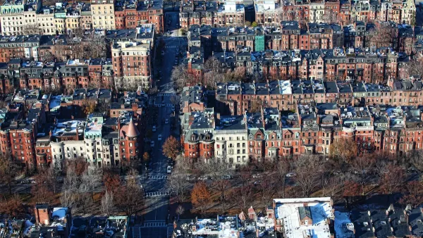 Aerial view of dense residential neighborhood in Back Bay, Boston, Massachusetts.