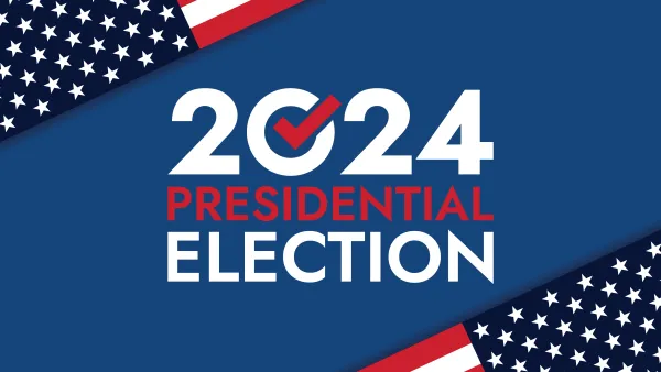 Graphic with blue background, flags, and text reading 2024 Presidential Election