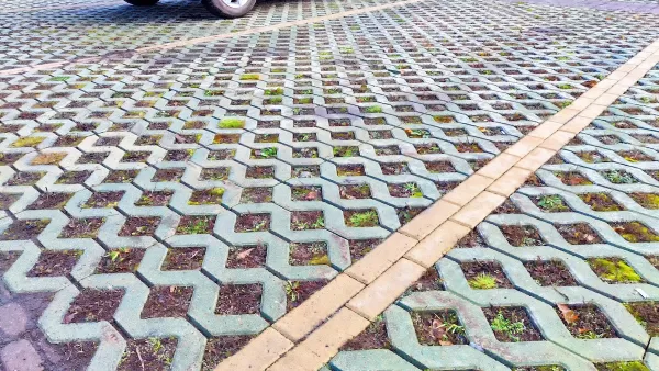 Close-up of green permeable street with concrete lattice over soil and grass.