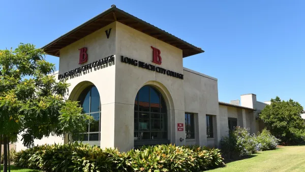 Corner view of Spanish revival-style building with arched windows, red tile roof, and Long Beach City College title and logo on two sides.