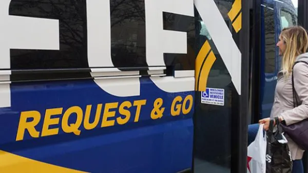 Blue FLEX bus with "Request & Go" text on side, woman rider boarding