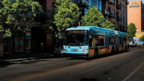 Blue bus in downtown Albuquerque, New Mexico.