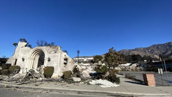 Destroyed Altadena Community Church facade after Eaton Fire in Altadena, California.