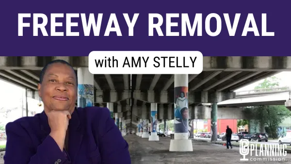Graphic with photo of Amy Stelly superimposed on image of Claiborne Expressway elevated freeway in New Orleans, Louisiana