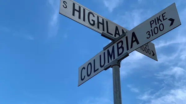 Street signs at the intersection of Columbia Pike and Highland in Arlington, Virginia.