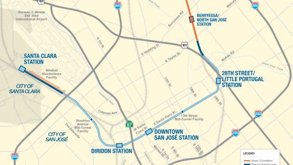 A map of San Jose showing the route of the planned BART Silicon Valley Phase II Extension.