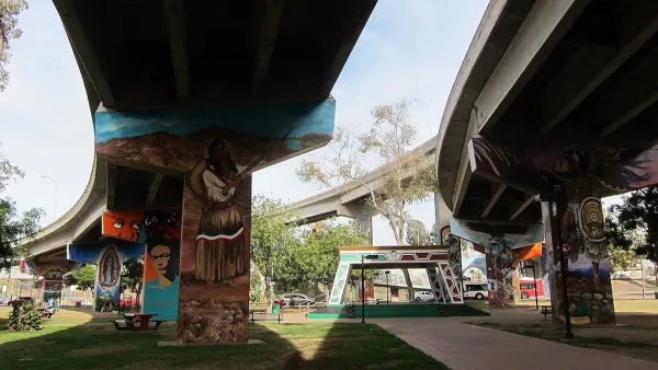 Colorful murals in freeway underpass in San Diego's Chicano Park.