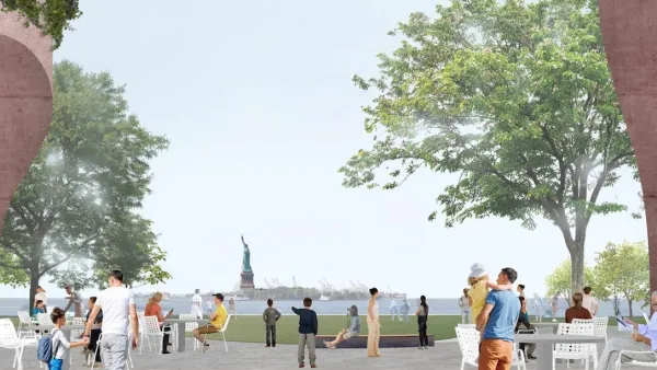 Rendering of pedestrian promenade in Battery Park City with Statue of Liberty visible in background.