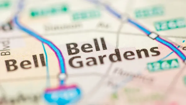 A map showing Bell Gardens, California in focus, with all surrounding cities and roads blurred.