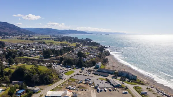 An aerial image of the city of Brookings, Oregon, a small town located on the Pacific Coast.