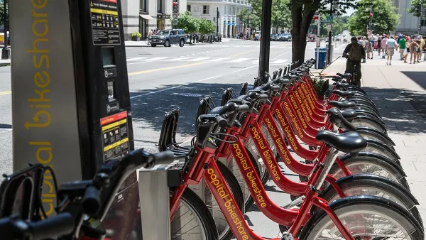 Row of red CaBi bikes at Capital Bikeshare station in Washington, D.C.