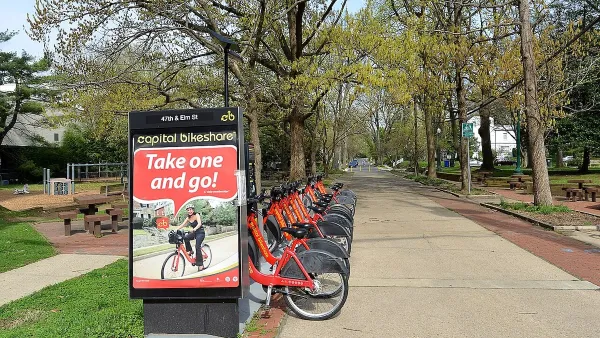 Red Capital Bikeshare bikes at a station in Bethesda, Maryland.