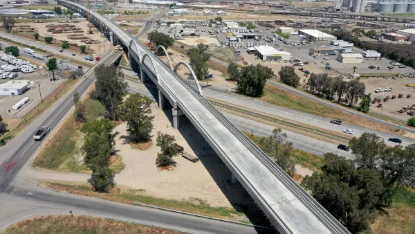 Aerial view of Cedar Viaduct under construction for California high-speed rail train in Fresno, California.