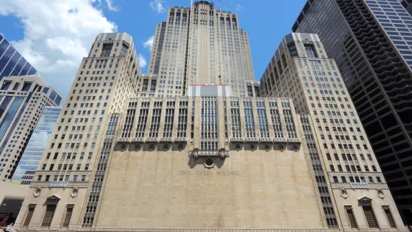 The exterior of the Civic Opera Building in Chicago, an art deco building built in the 1920s.