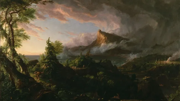 Pastoral landscape painting by Thomas Cole depicting pre-colonized idyllic scene
